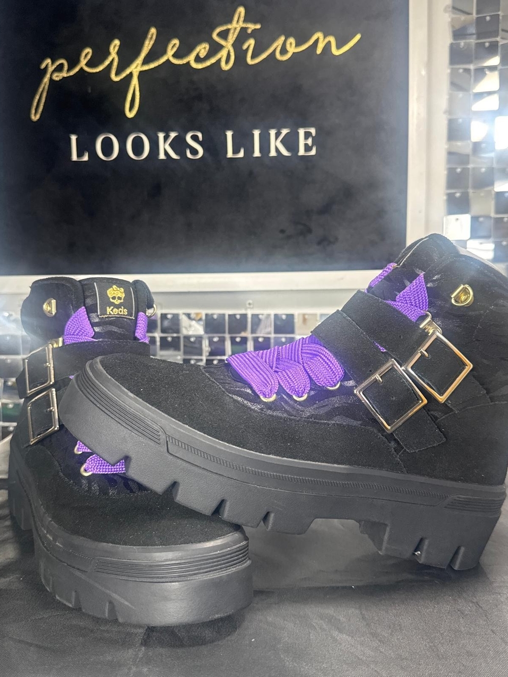 Keds Women's Black Suede Platform Hiker with Purple Laces